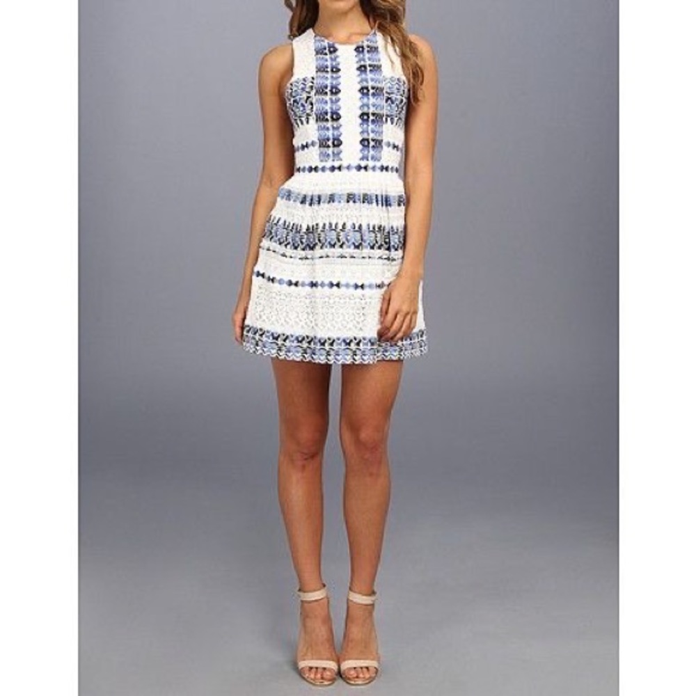 BCBGMAXAZRIA Cecile Print Blocked Lace Dress.